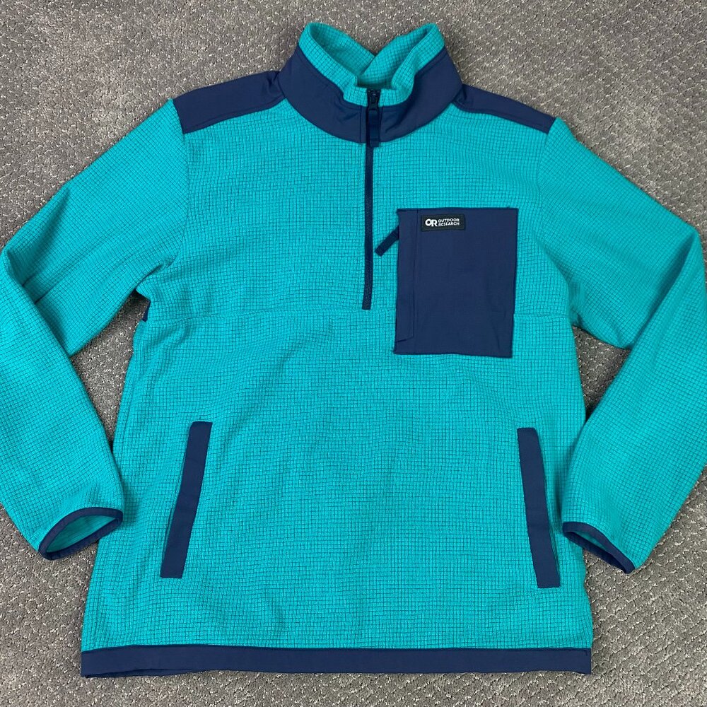Outdoor Research Trail Mix 1/4 Zip Pullover Medium Teal Navy Waffle Grid Fleece
